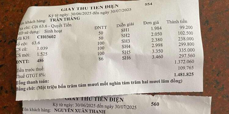 Hóa đơn tiền điện 2 hộ ở Phú Thọ giống hệt số tiền và kWh: EVN không phát hành