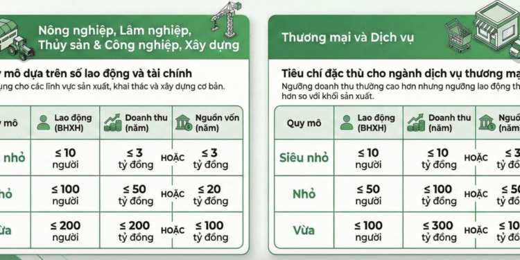 Tiêu chí xác định doanh nghiệp nhỏ và doanh nghiệp vừa tuỳ theo từng lĩnh vực. Nguồn: Thuế cơ sở 1 TP.Đà Nẵng.