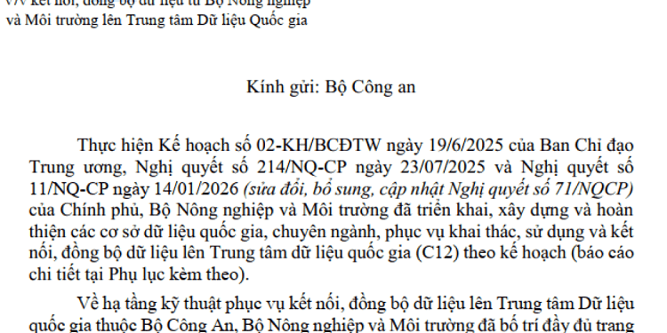 Công văn của Bộ Nông nghiệp và Môi trường.