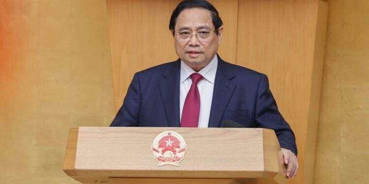 Thủ tướng Chính phủ Phạm Minh Chính chủ trì Phiên họp Chính phủ chuyên đề xây dựng pháp luật tháng 2 . Ảnh: VGP