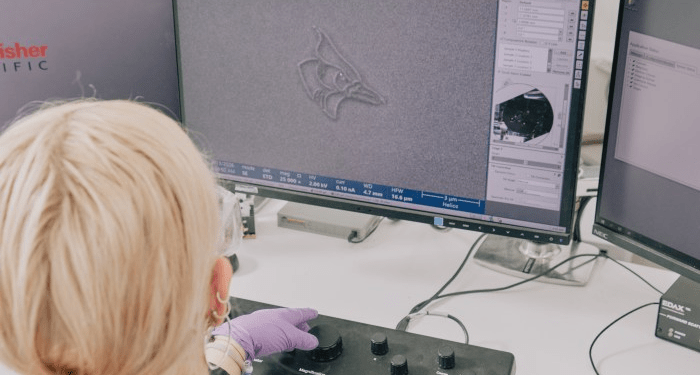 Kayley Waltz khắc hình chim giẻ cùi xanh lên silicon bằng chất cản quang do nhóm phát triển - Ảnh: WSJ. 