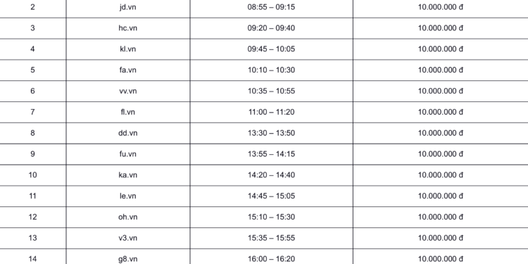 Danh sách tên miền cuộc đấu giá thứ 2