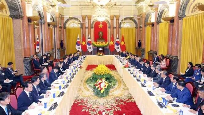 Bí thư, Chủ tịch nước Tô Lâm hội đàm với Tổng thống Hàn Quốc Lee Jae Myung. Ảnh: TTXVN